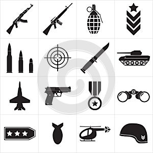 Weapons and military icon set. Sub machine guns, pistol and bullets black icons isolated on white background. Symbolics and badge photo